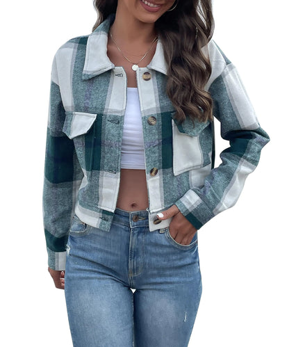 Yuyanrocks Jackets for Women Cropped Shacket Plaid Button Down Shirt Long Sleeve Flannel Coat Tops with Lapel Pocketes