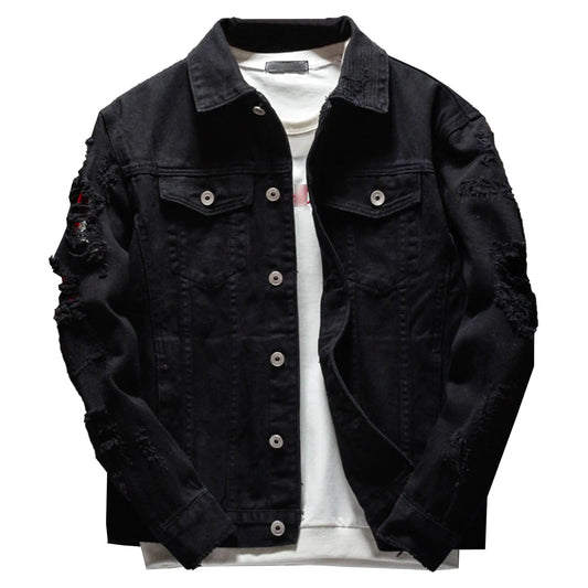 SWJGLITTR Men Button Distressed Denim Jacket Ripped Slim Trucker Jean Jackets Casual Cowboy Cut Biker Coats (LargeBlack)