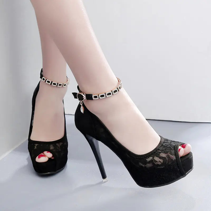 12CM High Heel Lace Peep Toe Sandals for Daily Wear