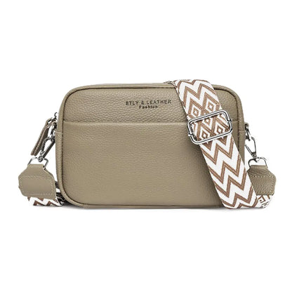 Crossbody Bag for Women Genuine Leather Wide Strap Shoulder Bag Purse Trendy Design Camera Crossbody Purse Top Zip