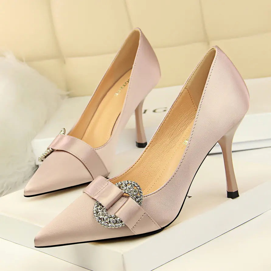 Satin Pointed Toe High Heel Shoes with Rhinestone Buckle