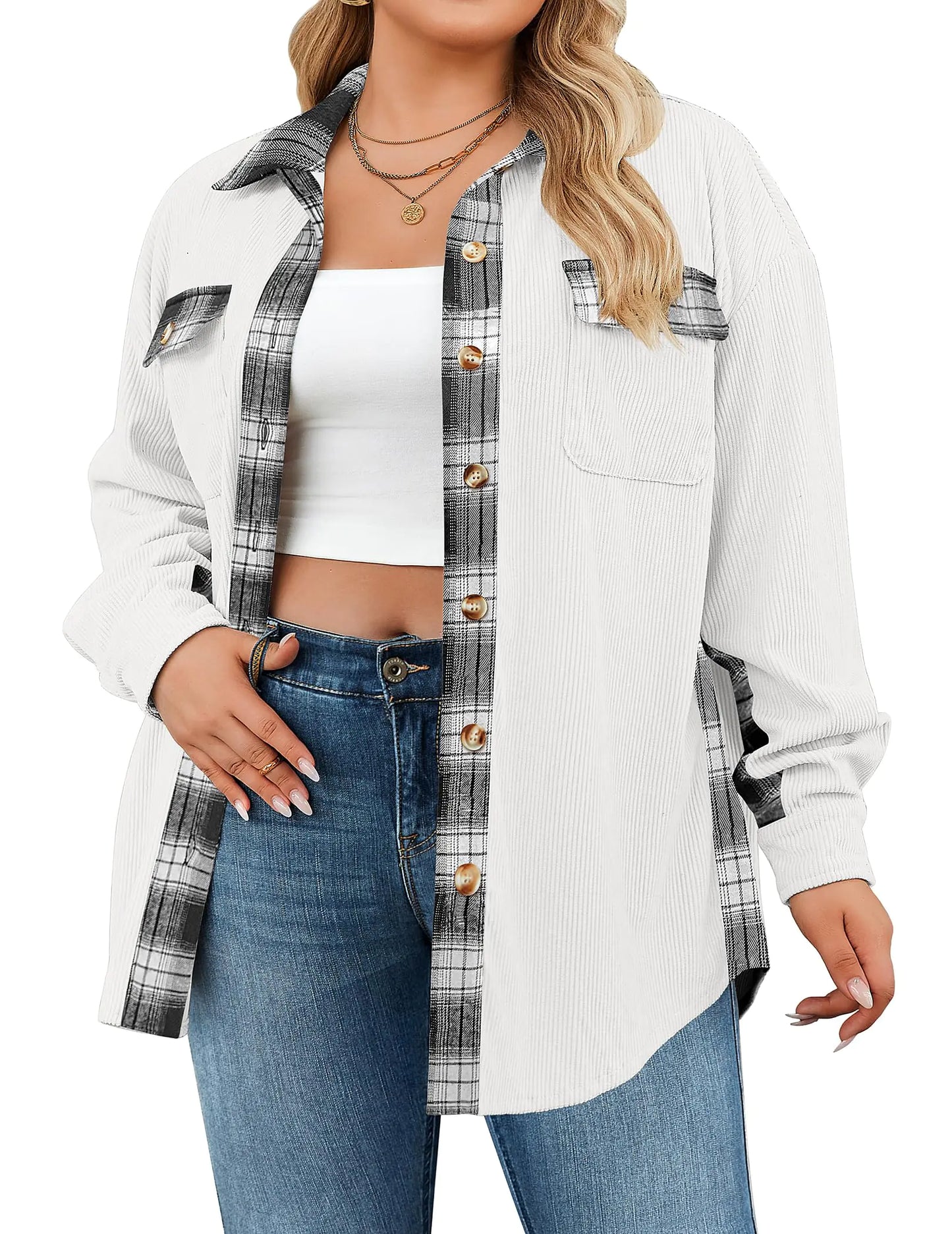 INVOLAND Plus Size Corduroy Jacket Women Plaid Shacket Button Down Shirt Fall Light Western Jackets Coat Loose Long Sleeve Winter Shirt White