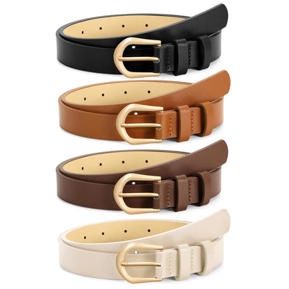 VONMELLI 4 Pack Womens Thin Leather Belt Skinny Waist Belts for Women Fashion Jeans Dress with Gold Buckle Black Brown Coffee Beige M