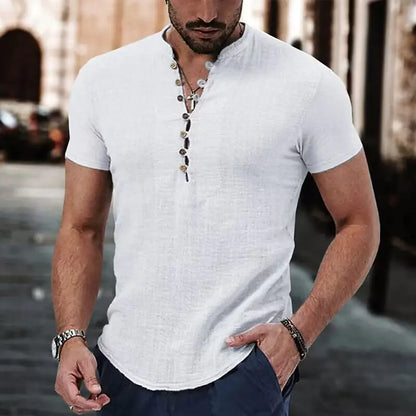 2023 Men's Linen Casual Shirt - Simple V-Neck Summer Wear