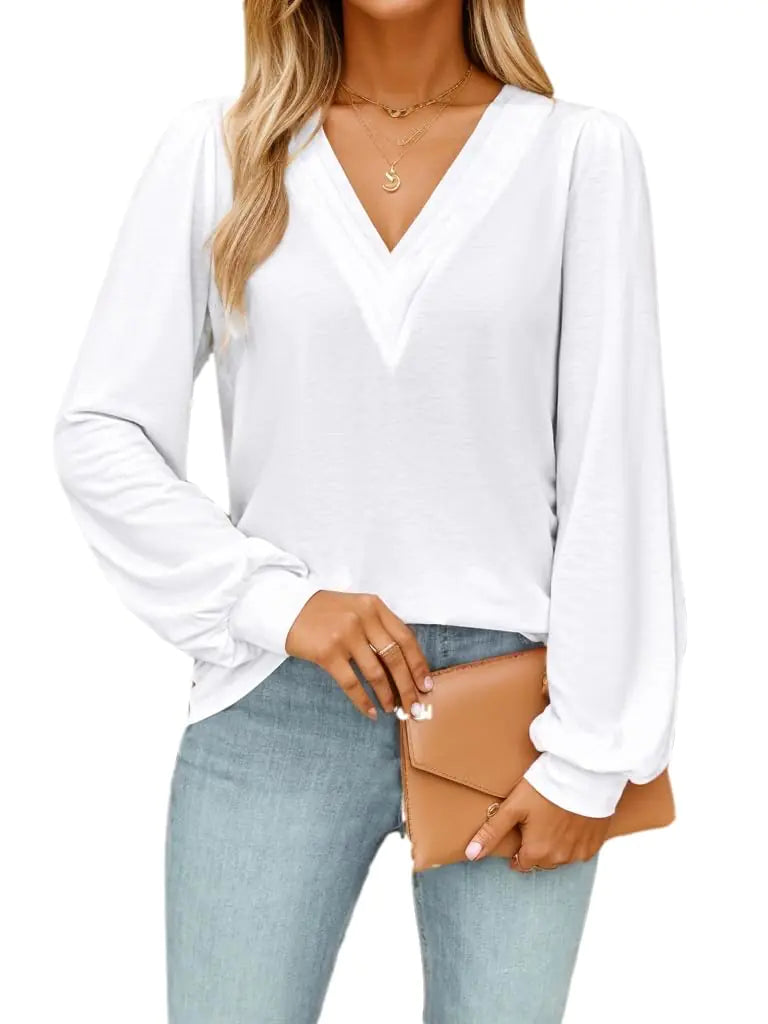 Halife Puff Sleeve Tops for Women V Neck Flowy Pleated Shirts Dressy Casual Loose Tshirt Trending Fall Clothes White Top 2XL
