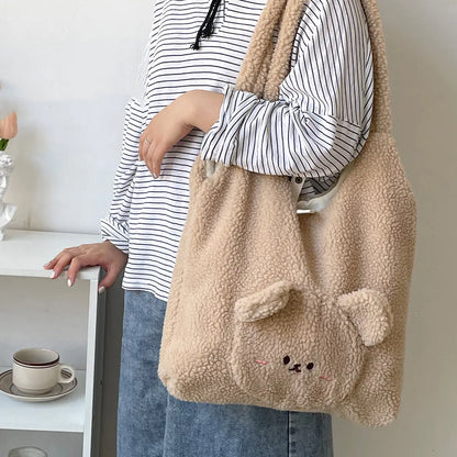 Personalized 3D Cartoon Bear Wool Shoulder Bag for Women