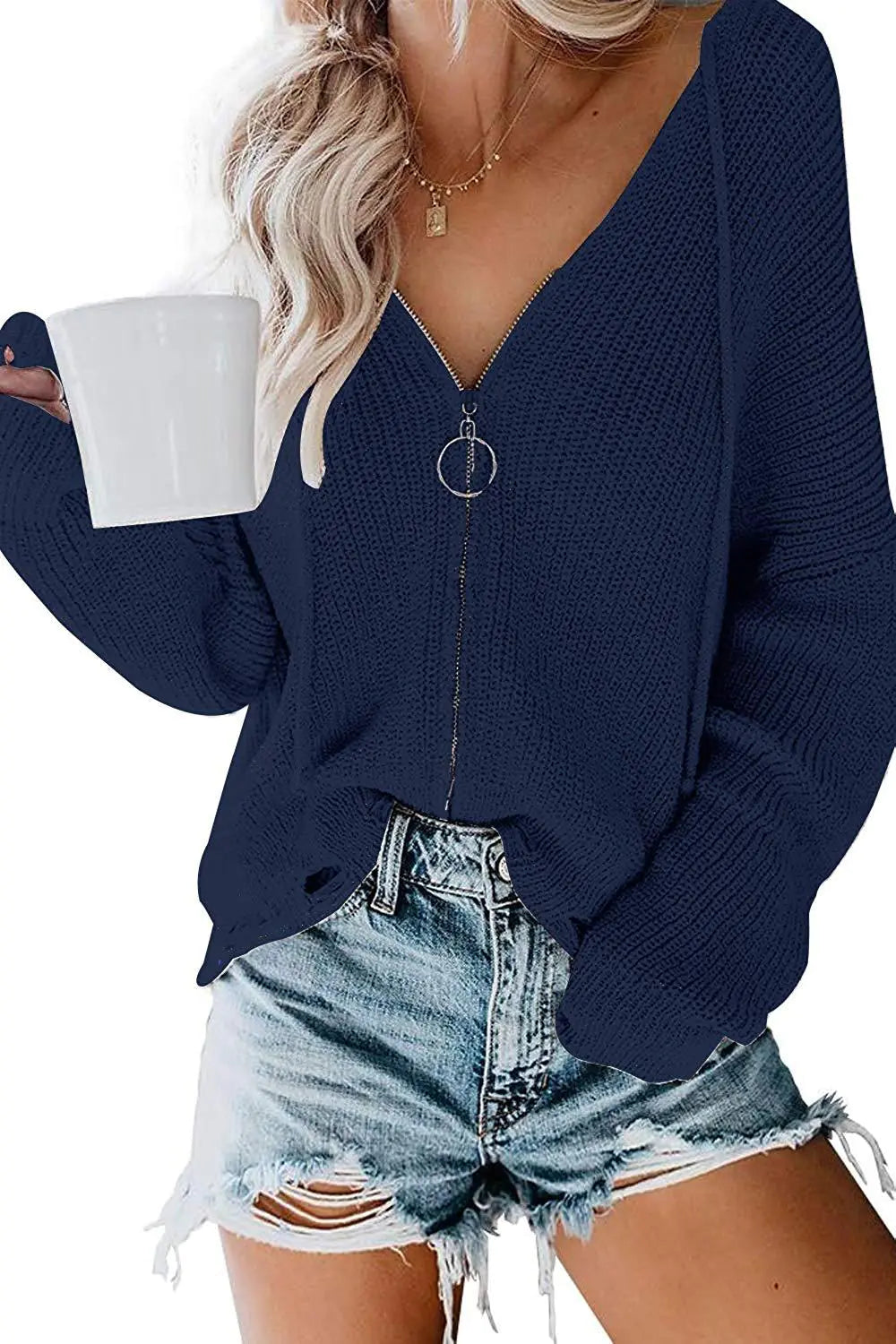 Hooded Zipper Sweater, Irregular Loose Women's Sweater