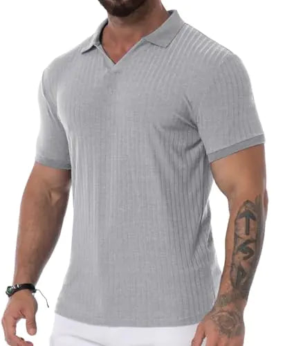 Askdeer Mens Polo Shirts Muscle V Neck T-Shirts Short Sleeve Slim Fit Polo Shirts for Men Gray