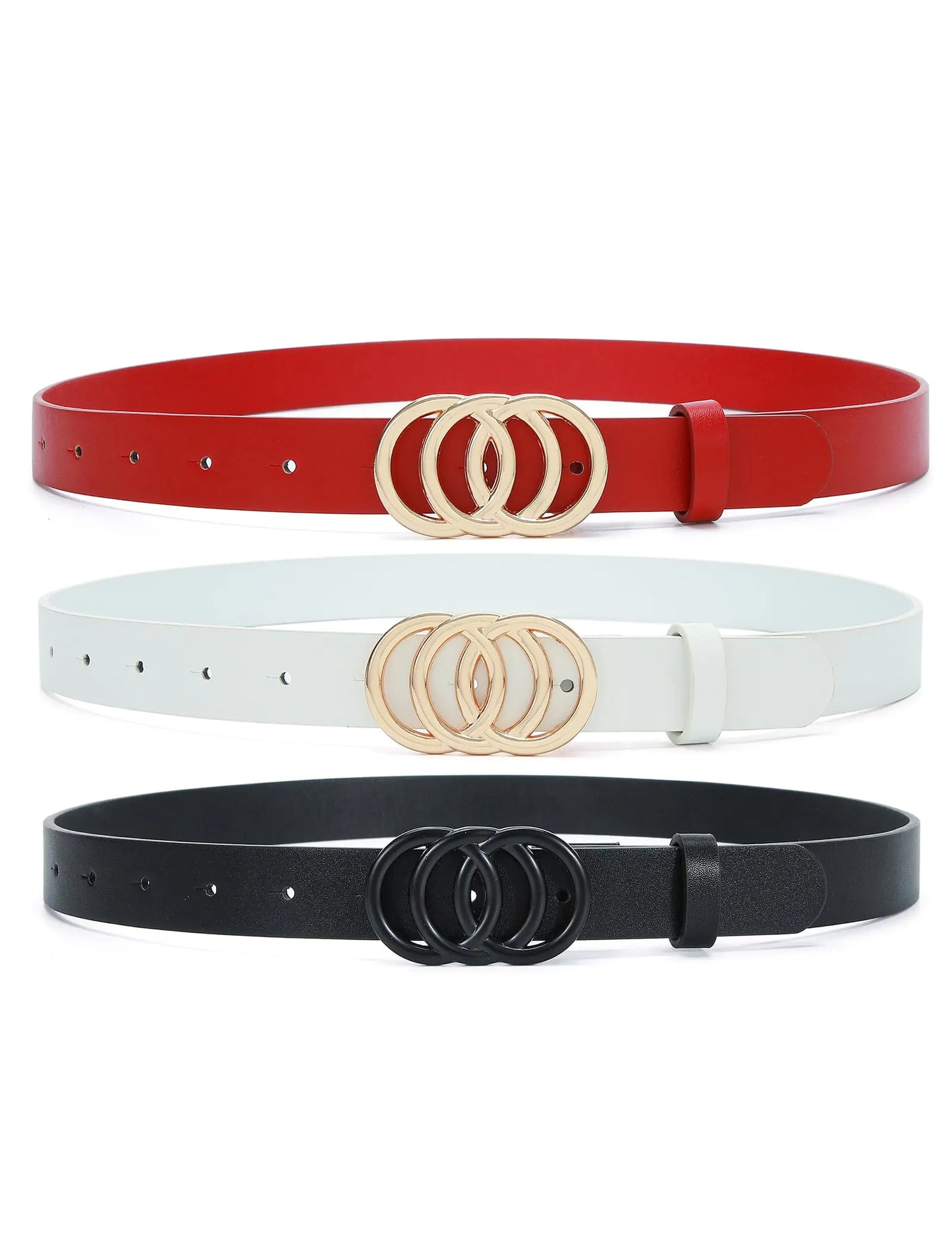 Pettata 3 Pack Women Belt for Jeans Dress O-Style Gold Buckle Skinny Waist Belt 0.98" Width Fashion Thin Belts for Ladies Black White Red Medium