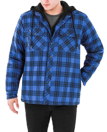 Lisskolo Mens Hooded Flannel Jacket Men Thicken Quilted Lined Flannel Shirt Jackets for Men Blue XL