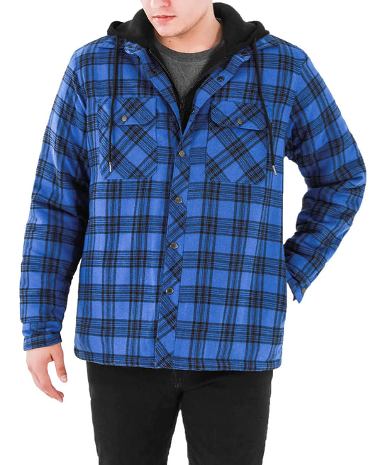 Lisskolo Mens Hooded Flannel Jacket Men Thicken Quilted Lined Flannel Shirt Jackets for Men Blue XL