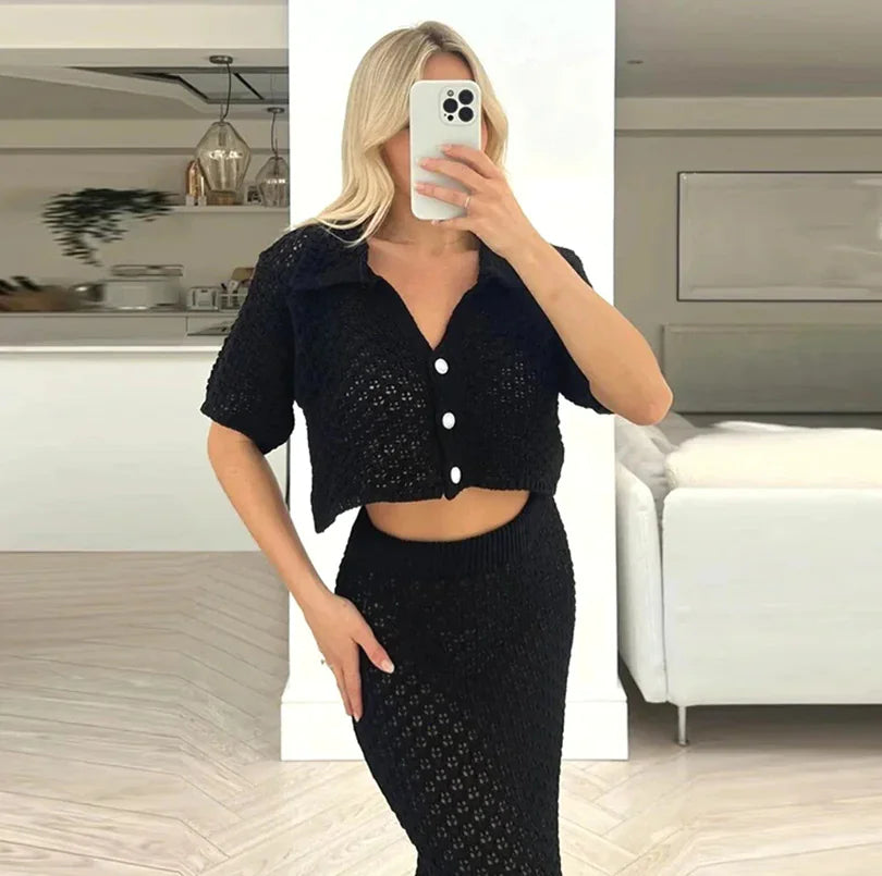 Knitted Crochet Two-Piece Skirt Set – Multi-Color Cardigan & Skirt