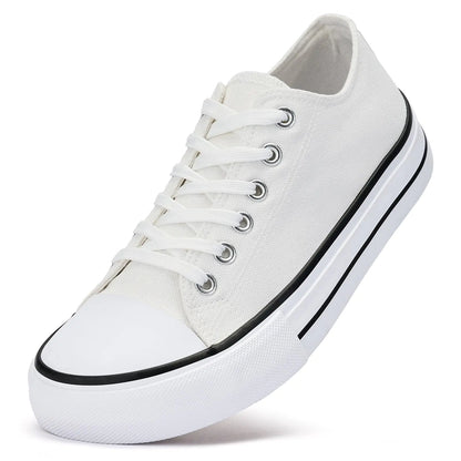 BACSAC Canvas Shoes for Women Classic Fashion Sneakers Lace Up Low Top Canvas Casual Sneakers Lightweight Breathable Comfort Wide Toe Shoes(White7.5US)