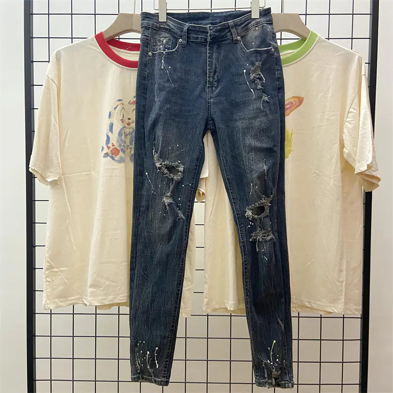 Slim Destruction Jeans for Men and Women with Paint Splash