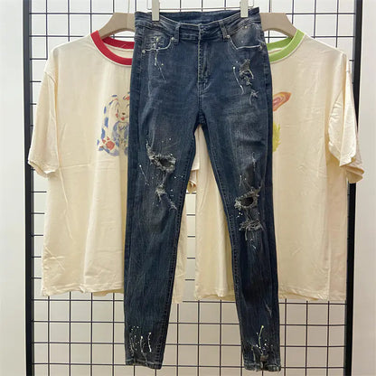 Slim Destruction Jeans for Men and Women with Paint Splash