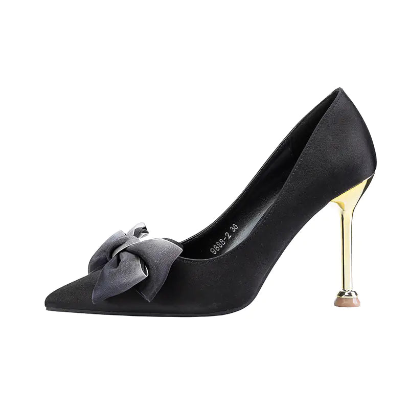 Stylish Satin Pointed Toe High Heels with Bow