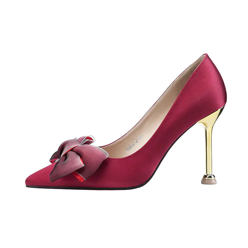 Stylish Satin Pointed Toe High Heels with Bow