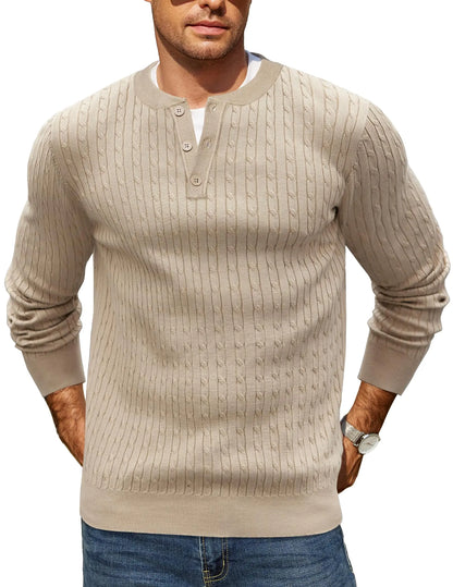 COOFANDY Mens Henley Long Sleeve Sweater Pullover Crewneck Sweater Slim Fit Dress Sweater Khaki