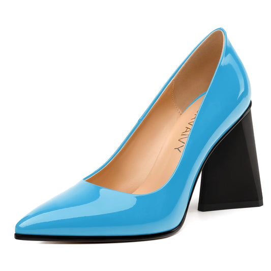 GUAVAIVY Womens Pumps Pointed Toe Chunky Block Heel Slip On Fashion Solid High Heel Shoes for Women Sky Blue Patent Size 6.5