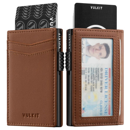 VULKIT Mens Wallet with ID Window Premium Leather Wallets RFID Blocking Minimalist Wallet Pop Up Card Holder Magnetic Closure