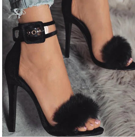 Rabbit Fur Strappy High Heels for Women