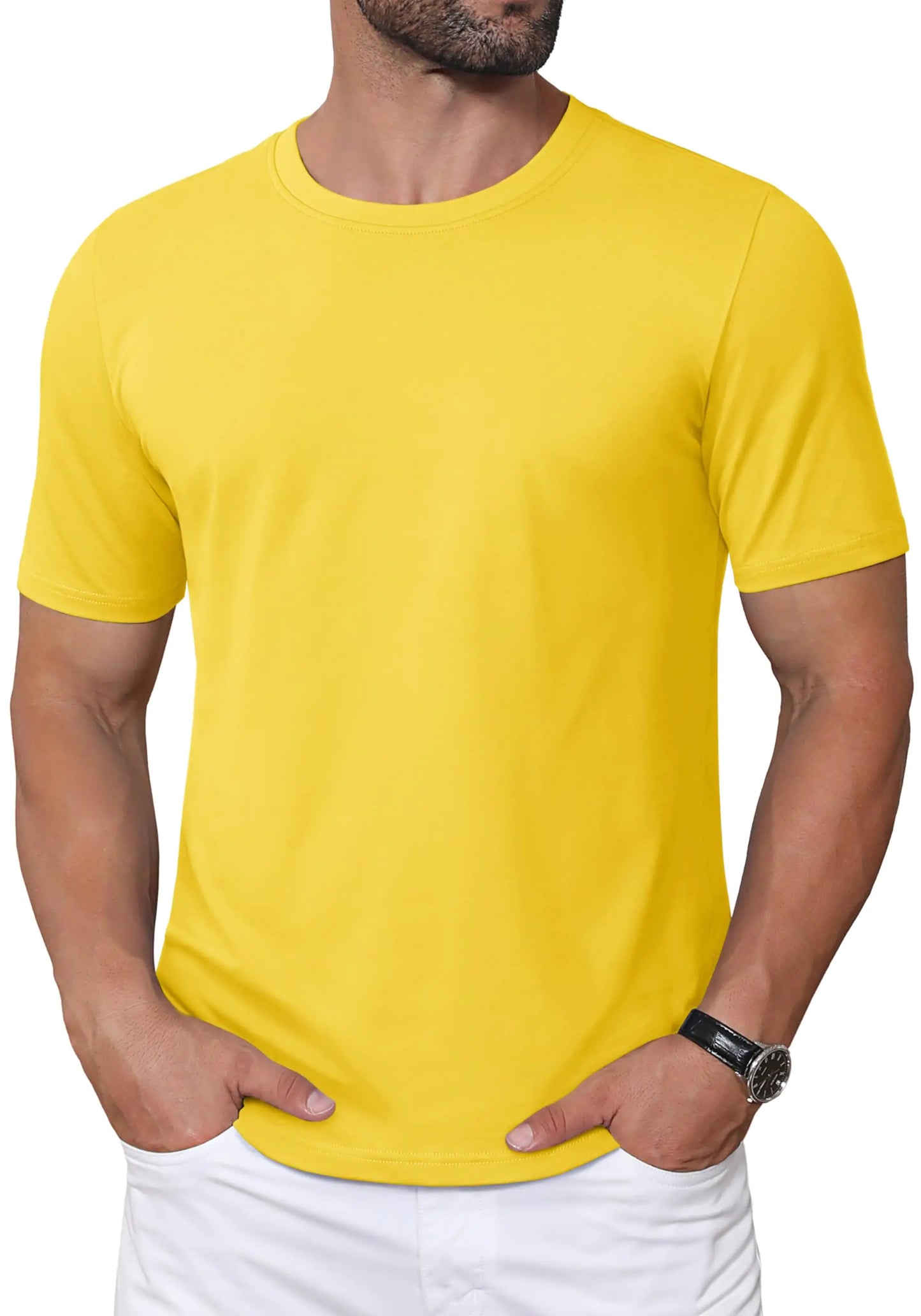 MAGCOMSEN Mens Tshirt Short Sleeve Crew Neck T Shirts Work T Shirts Casual Plain T Shirts Cotton T Shirts Fitted Tshirts YellowL