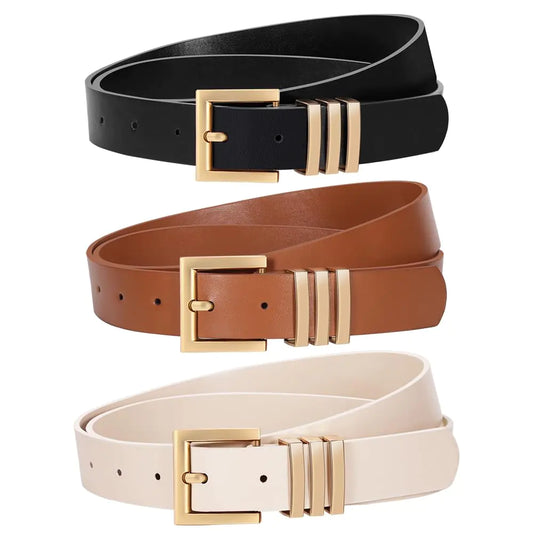 Huyfhksd 3 Pack Women Leather Belt for Jeans Pants Dresses Fashion Ladies Waist Belts with Gold Buckle XL FBlack/Brown/Beige(Square)