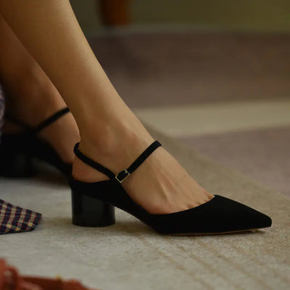 Black Pointed Toe Mid-Heel Mary Jane Women's Shoes