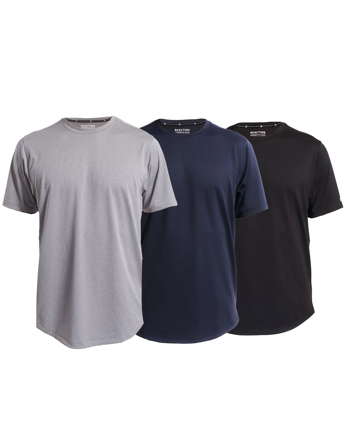Kenneth Cole REACTION Performance T Shirts for Men Pack of 3 - Stylish Moisture Wicking Shirts for Men - Mens Polyester T-Shirts for Workout and Casual Wear (Black/Navy/Charcoal Heather Large)