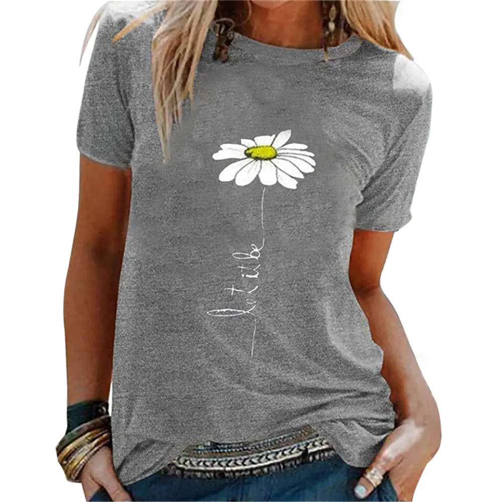 Embroidered Round Neck Chrysanthemum Print T-Shirt