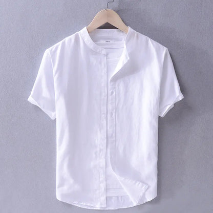 Men's Loose Linen Casual Shirt - Solid Color Beach Style