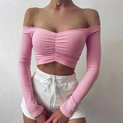 Sweet Solid Color Long Sleeve Off-Shoulder Top for Women