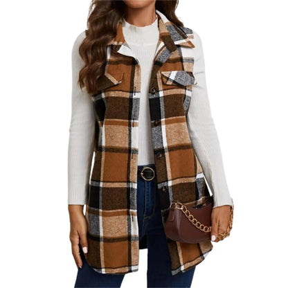 Fall Jackets For Women 2024 Trendy Plus Size Flannel Plaid Long Vests Casual Button Down Sleeveless Shirt Ladies Elegant Business Casual Outfits Vest Jackets Dressy Outwear Coats (B KhakiX-Large)