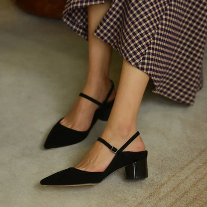 Black Pointed Toe Mid-Heel Mary Jane Women's Shoes