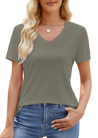 Foenlintenso Womens T Shirts Basic Green V Neck Short Sleeve UPF 50+ Summer Tops 2025 Casual Loose Fit Plain Soft T-Shirts S