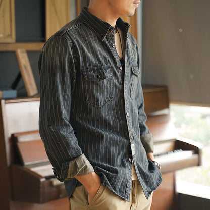 Retro Striped Denim Shirt - Long Sleeve Casual Coat