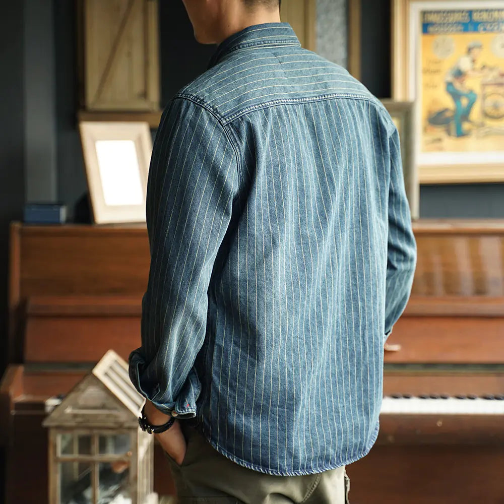 Retro Striped Denim Shirt - Long Sleeve Casual Coat