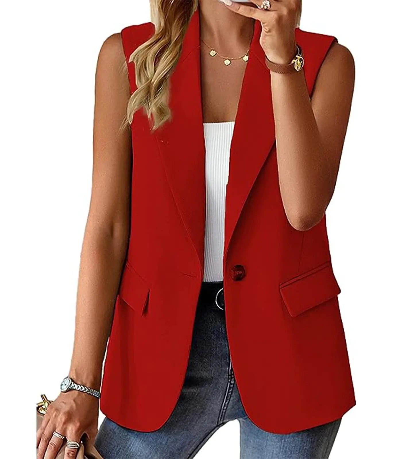 M Red Sleeveless Blazer Vest for Women Fall 2024 Fashion Casual Lightweight Open Front Work Office Blazer Jackets with Pockets