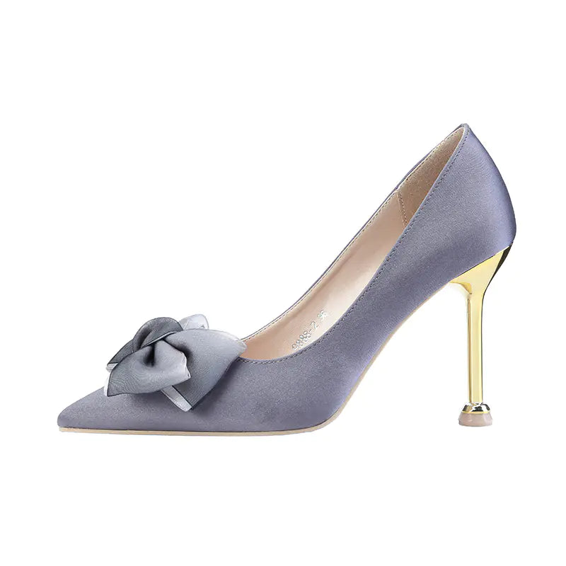 Stylish Satin Pointed Toe High Heels with Bow