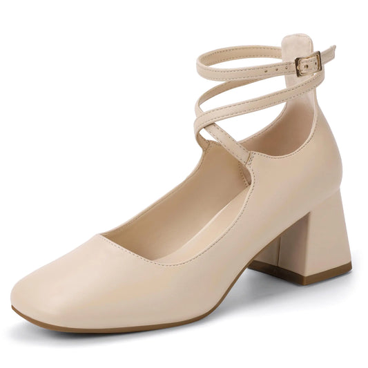 IDIFU Mary Jane Shoes Nude Strappy Low Chunky Block Closed Toe Heels Dress Shoes for Women Work Wedding Homecoming Prom Shoes Comfortable Dressy Formal Cute Short Square Toe Heels Pumps(Nude Pu 9)