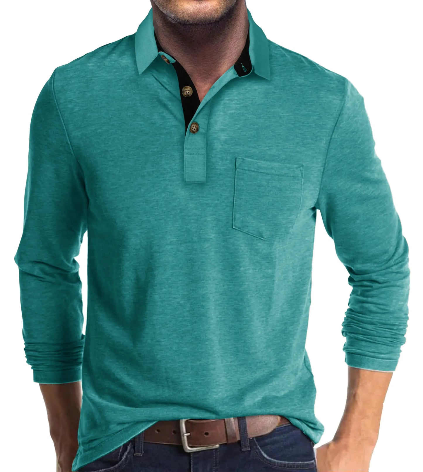 Olidarua Mens Long Sleeve Polo Shirts Casual Fashion Button Up Collared Golf T Shirts with Pocket Aqua