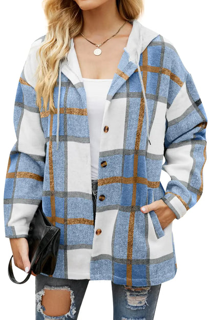 YOCUR Plaid Jackets Women Flannel Shirt Fall Lapel Outerwear Chunky Cardigan Button Up Shirts Hoodies Blouse Lihgt Blue M