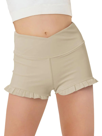 Haloumoning Girls Athletic Ruffle Shorts V Crossover High Waisted Yoga Dance Shorts Comfy Gymnastics Shorts 5-14Y Khaki