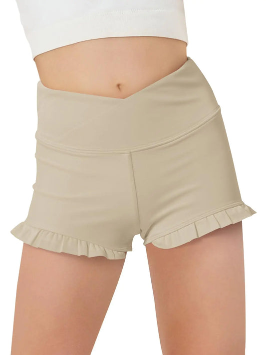 Haloumoning Girls Athletic Ruffle Shorts V Crossover High Waisted Yoga Dance Shorts Comfy Gymnastics Shorts 5-14Y Khaki