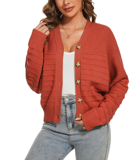 Women Fall Long Sleeve V Neck Cardigan Button Down Lightweight Cropped Cardigan Sweater Jackets Brown Red L