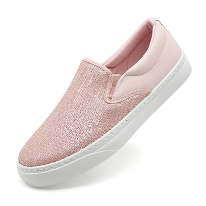 vinnercoco Womens Canvas Slip On Shoes Glitter Sequin Sneakers Sparkly Flat Loafers Casual Comfortable Tennis Shoes for Women(Pink 267)
