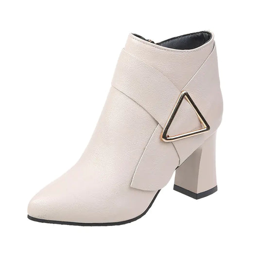 Chic Chunky Heel Pointed Toe Ankle Boots with Metal Decor