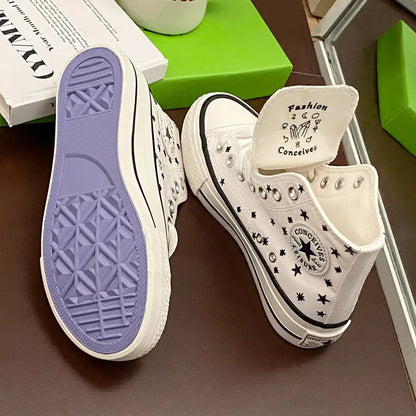 Star Embroidered High-Top Canvas Shoes for Women 2023