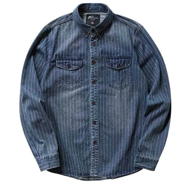 Retro Striped Denim Shirt - Long Sleeve Casual Coat