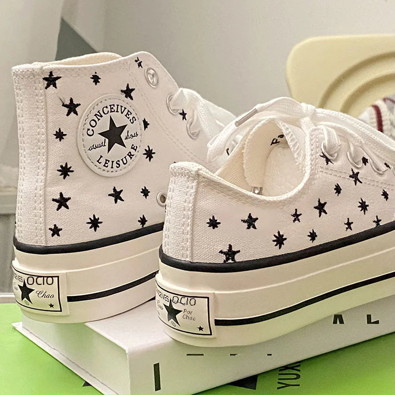 Star Embroidered High-Top Canvas Shoes for Women 2023